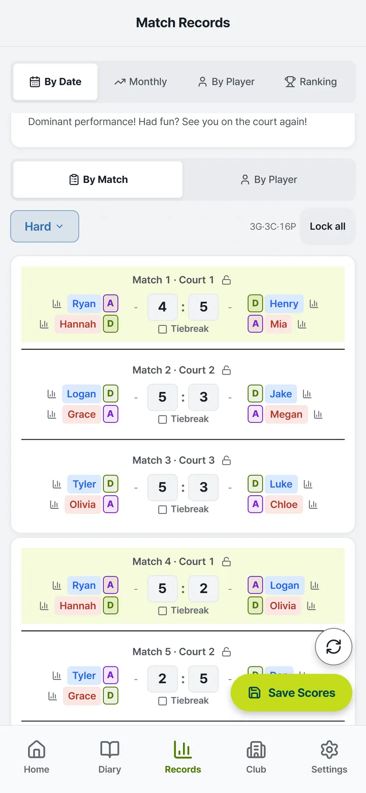 Match list with courts, pairs, deuce/ad sides and scores